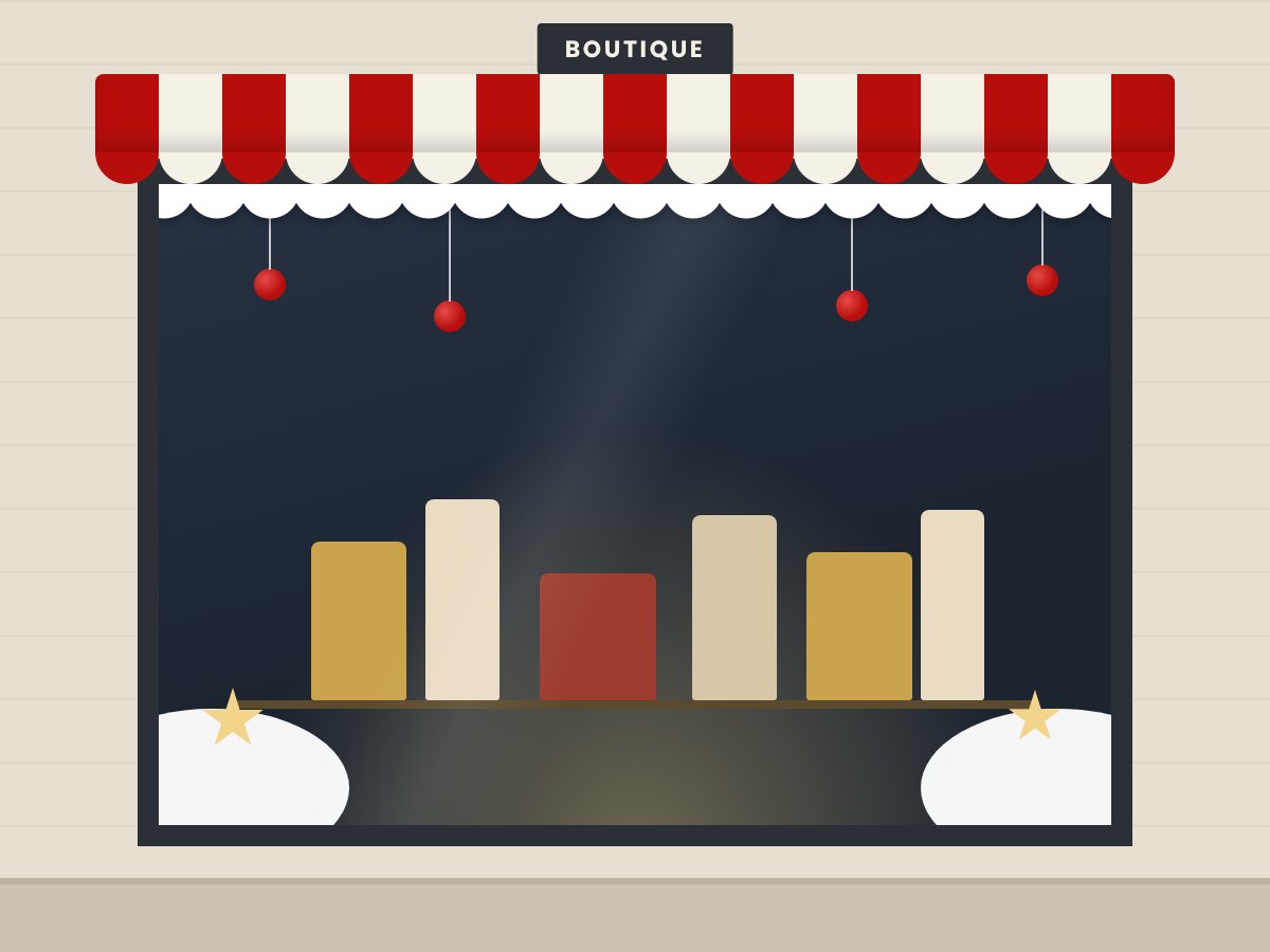 Illustration : vitrine de Noël habillée en cadre, guirlande en haut et décor dans les angles, centre laissé libre