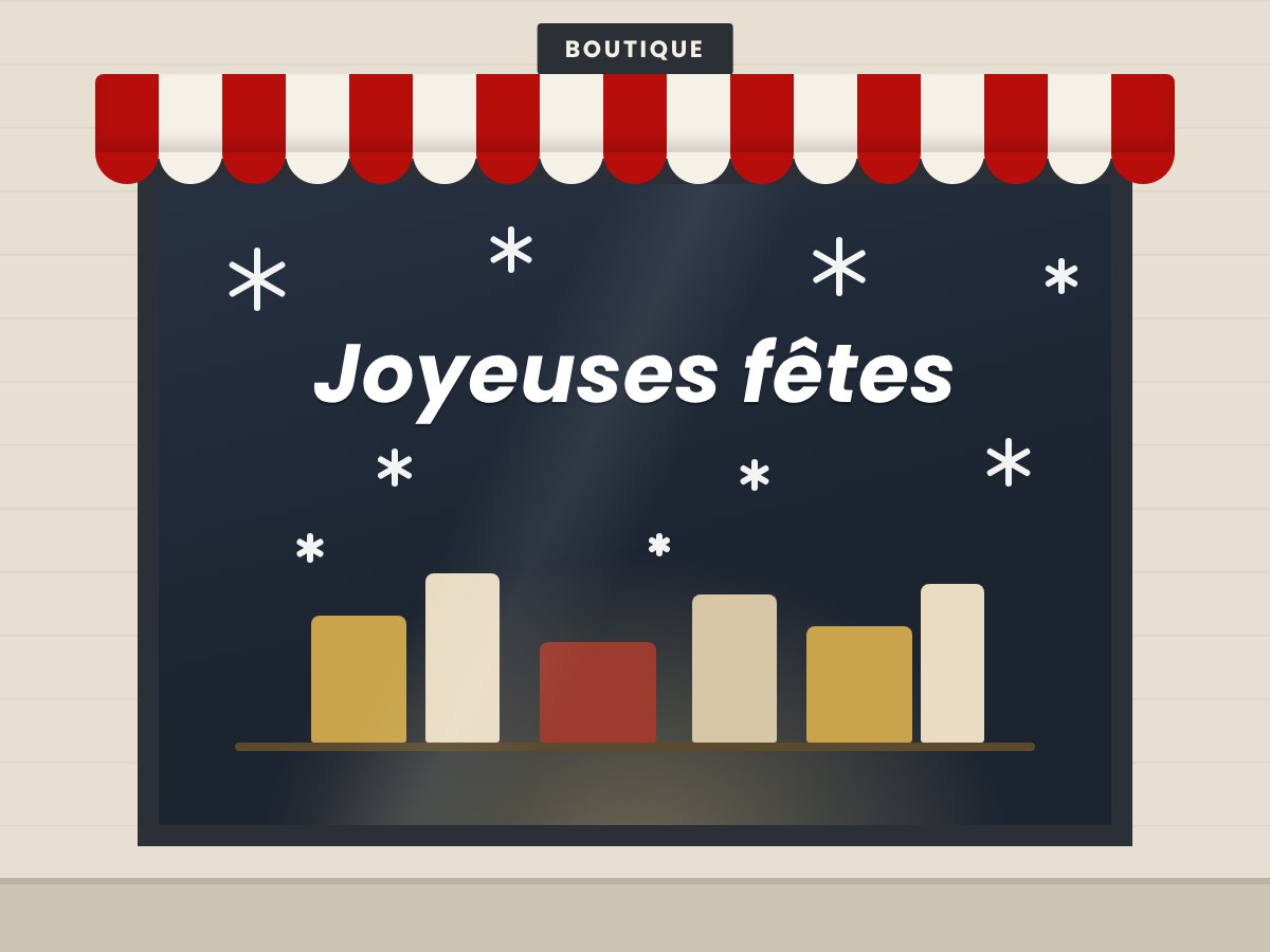 Illustration : vitrine de Noël décorée de flocons et d'un « Joyeuses fêtes » en sticker électrostatique