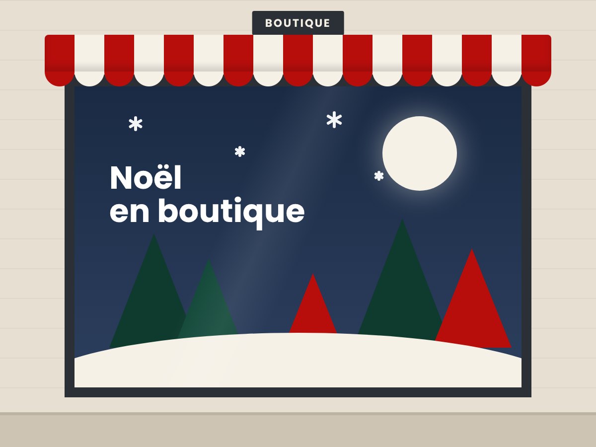 Illustration : décor de Noël pleine largeur avec sapins et lune sur une vitrine