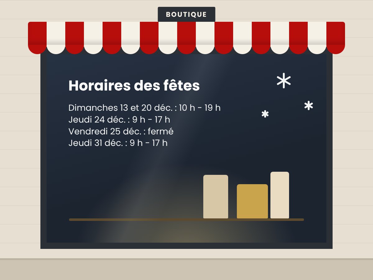 Illustration : horaires des fêtes en adhésif transparent sur une vitrine