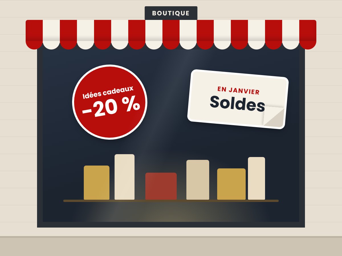Illustration : stickers promotionnels « Idées cadeaux -20 % » et « Soldes » en adhésif repositionnable